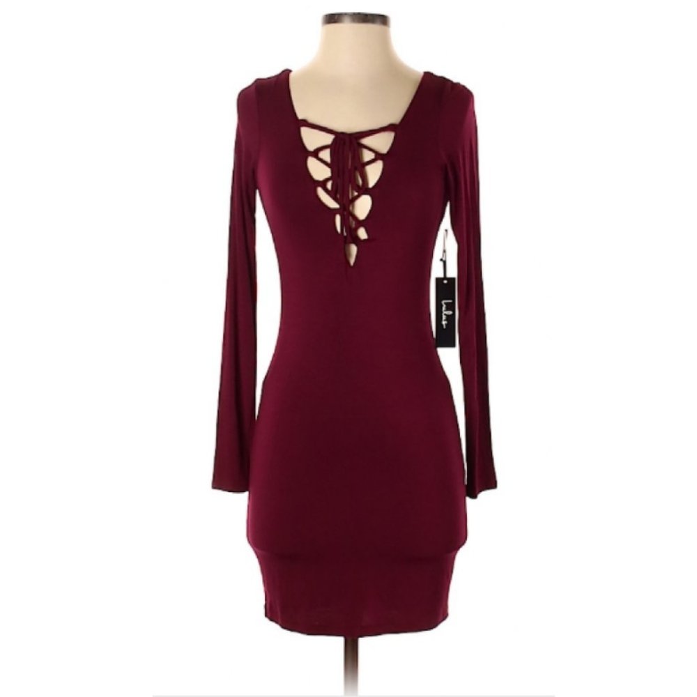 Lulu's Lace Up Dress Burgundy Long Sleeve Sz Small - Picture 2 of 4